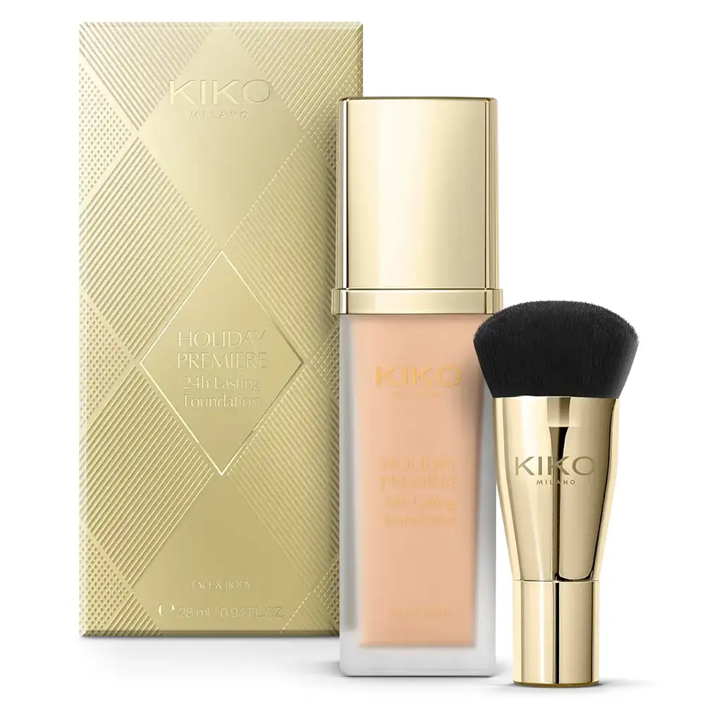 کرم پودر کیکو میلانو Holiday Première 24h Lasting Foundation شماره 03 Honey حجم 28 میلی‌لیتر | KIKO MILANO به همراه براش